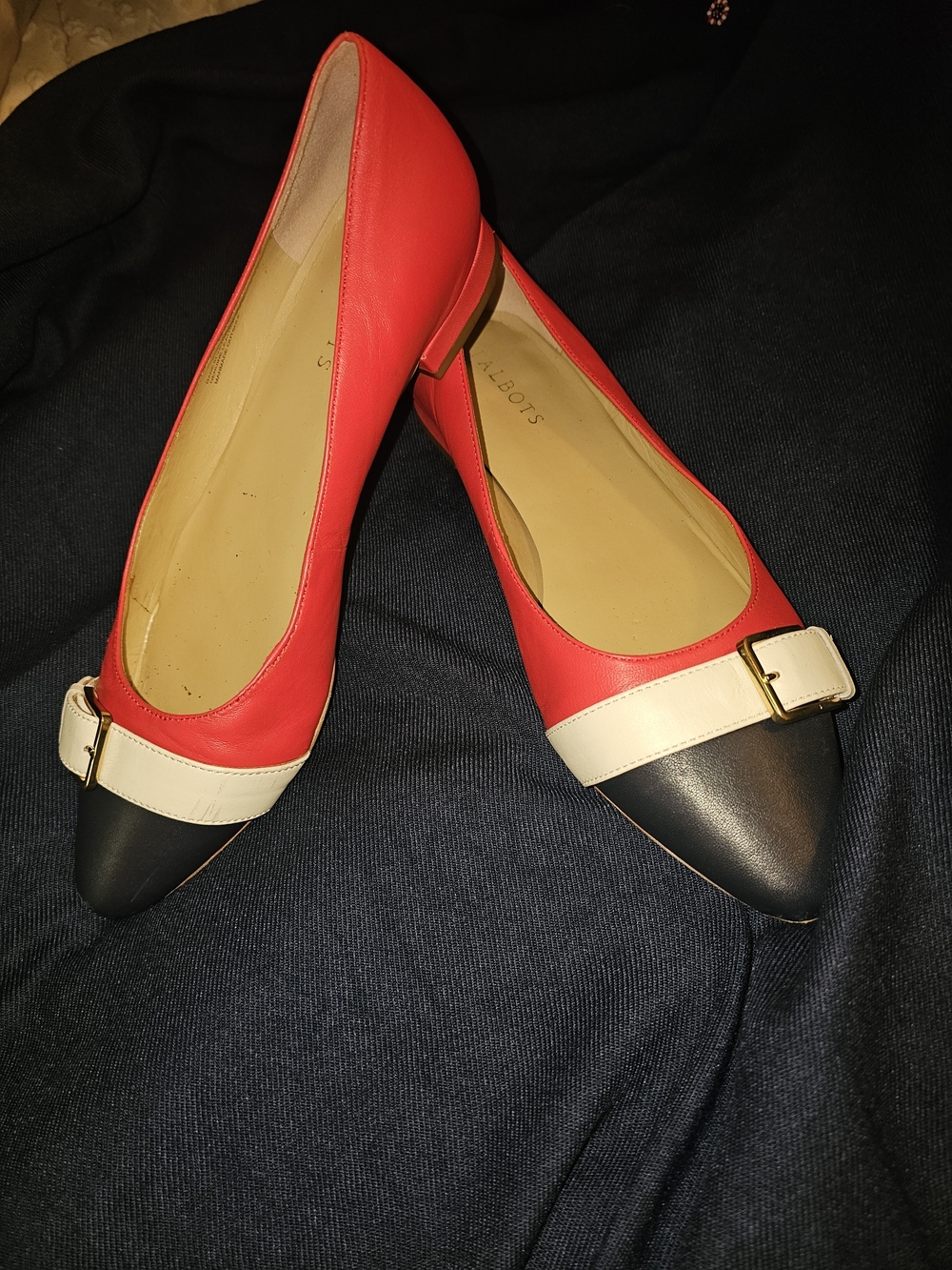 Talbots Edison Buckle Flats Red Color Block Cap Toe 9.5 Prep Classic Dark Academ